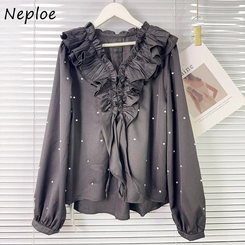 Hot Stamping Shirt Femme Elegant V-neck Blouse