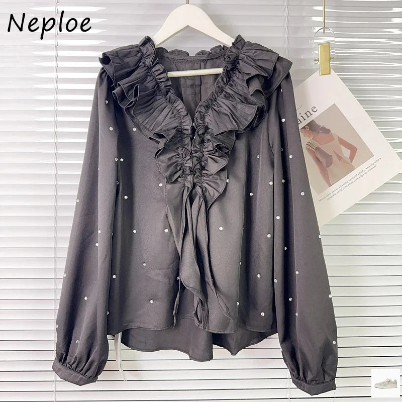 Hot Stamping Shirt Femme Elegant V-neck Blouse