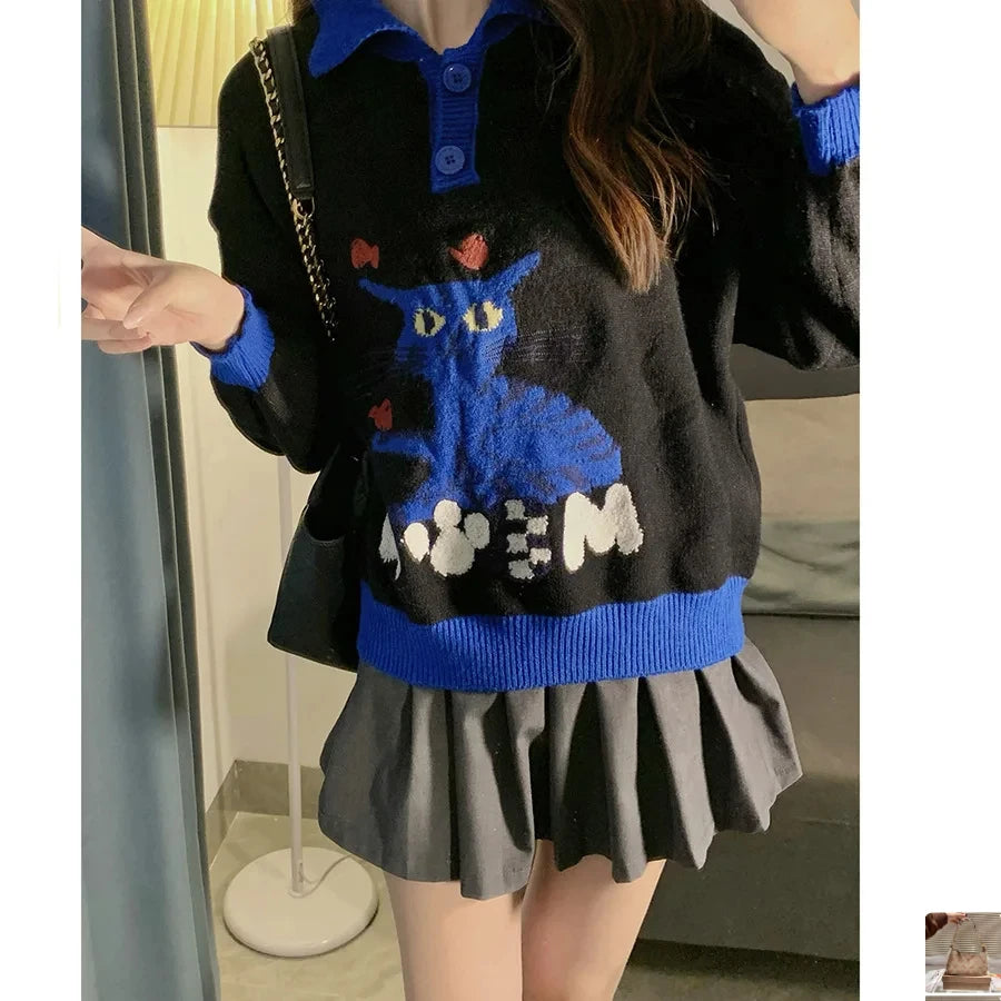 Cat Print Lazy Heavy Embroidery Sweaters SA065