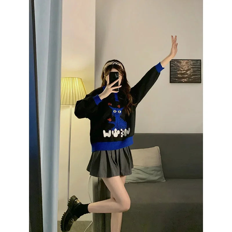 Cat Print Lazy Heavy Embroidery Sweaters SA065