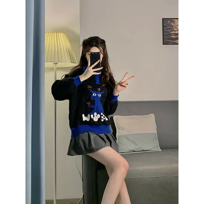 Cat Print Lazy Heavy Embroidery Sweaters SA065