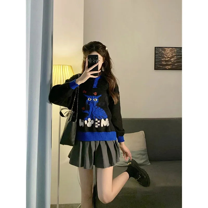 Cat Print Lazy Heavy Embroidery Sweaters SA065