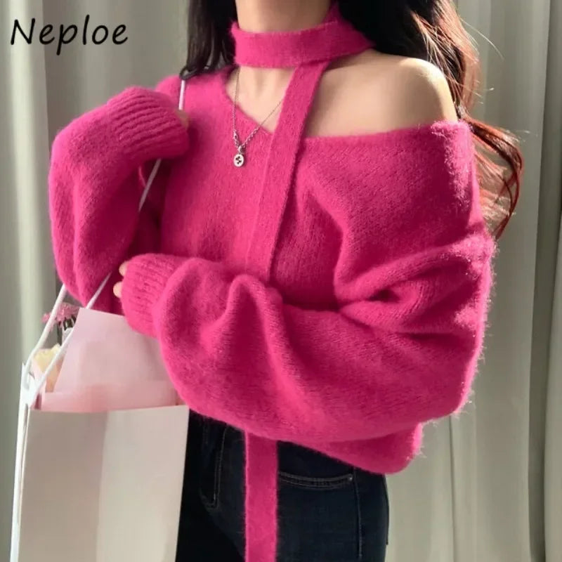 Pullover Femme Off Shoulder Hanging Neck Color Sweater