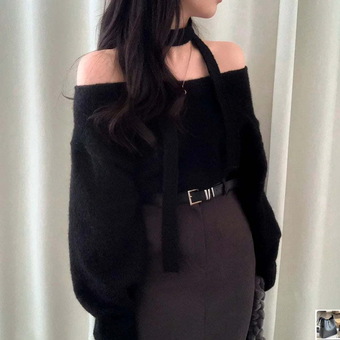 Pullover Femme Off Shoulder Hanging Neck Color Sweater