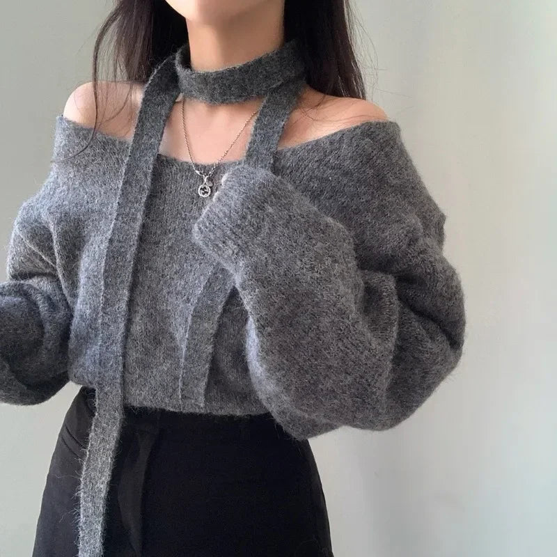 Pullover Femme Off Shoulder Hanging Neck Color Sweater