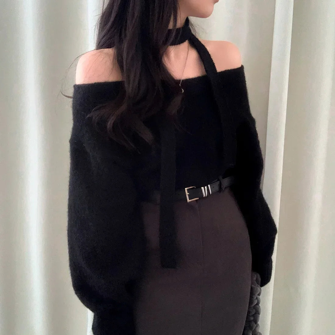 Pullover Femme Off Shoulder Hanging Neck Color Sweater