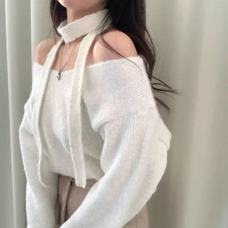 Pullover Femme Off Shoulder Hanging Neck Color Sweater