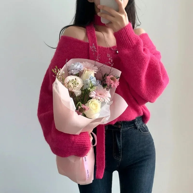 Pullover Femme Off Shoulder Hanging Neck Color Sweater
