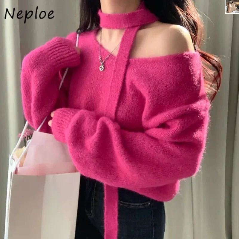 Pullover Femme Off Shoulder Hanging Neck Color Sweater
