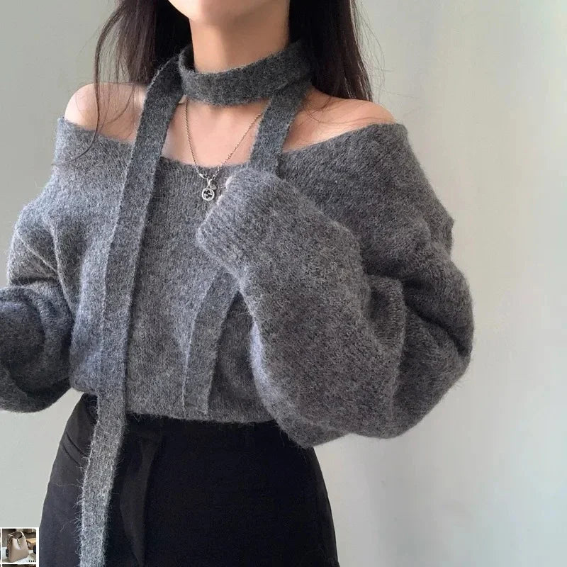 Pullover Femme Off Shoulder Hanging Neck Color Sweater