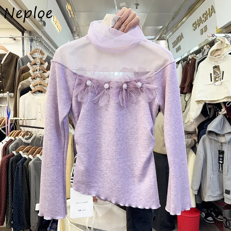 Stacked Collar Mesh Spliced Knit Pullovers Femme