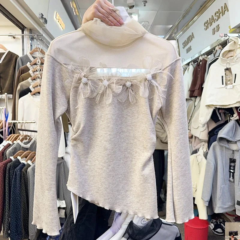 Stacked Collar Mesh Spliced Knit Pullovers Femme