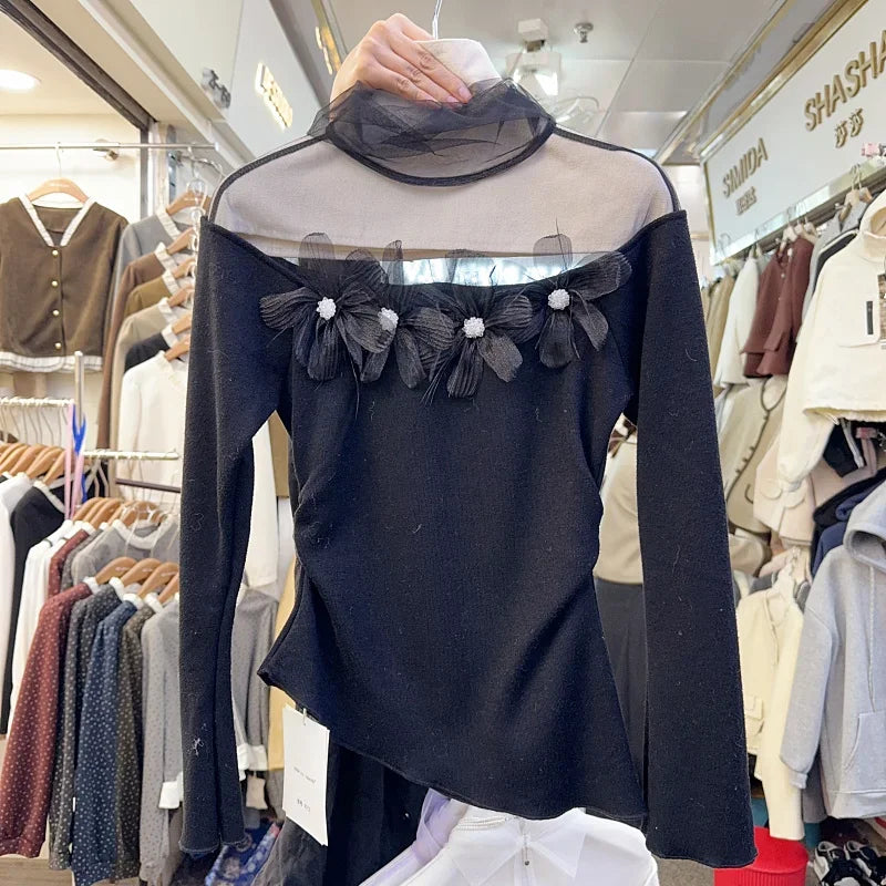 Stacked Collar Mesh Spliced Knit Pullovers Femme