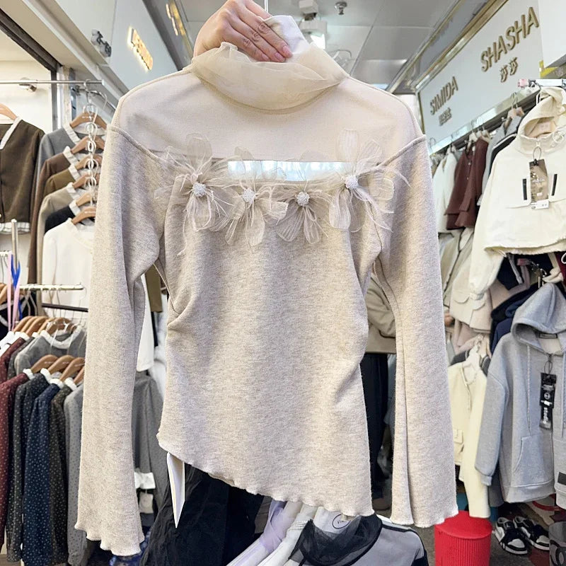 Stacked Collar Mesh Spliced Knit Pullovers Femme