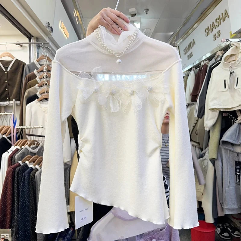 Stacked Collar Mesh Spliced Knit Pullovers Femme