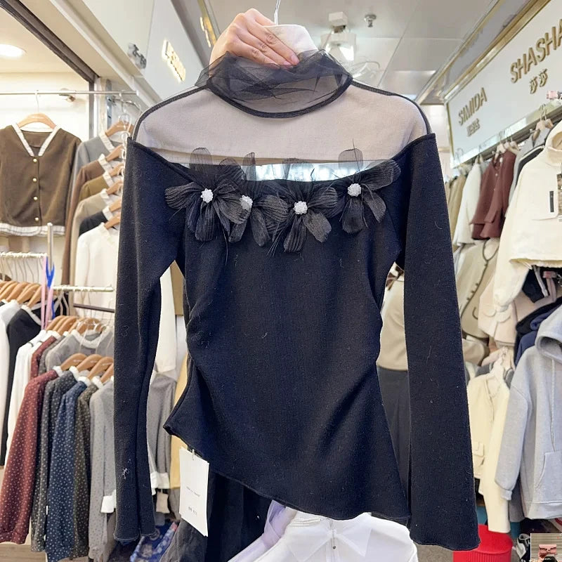 Stacked Collar Mesh Spliced Knit Pullovers Femme