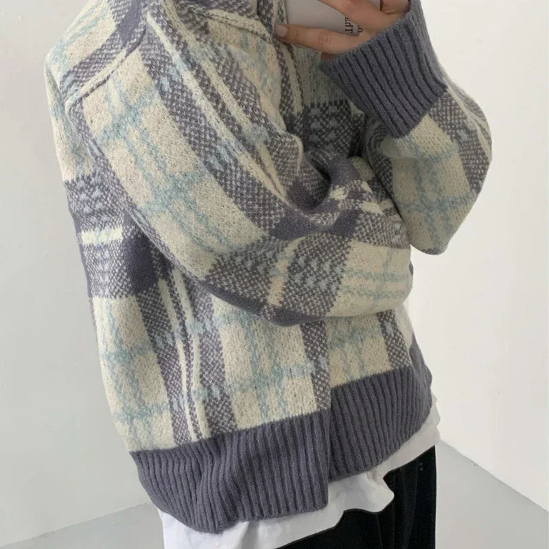 Plaid Striped V-Neck Pullover Stacked Knitted Sweater