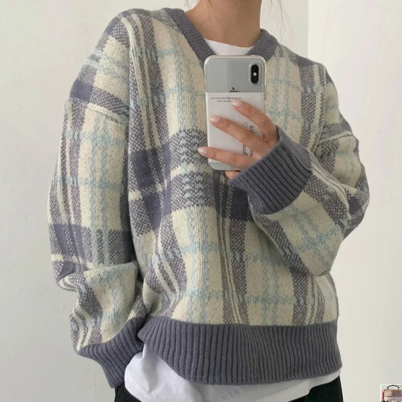 Plaid Striped V-Neck Pullover Stacked Knitted Sweater