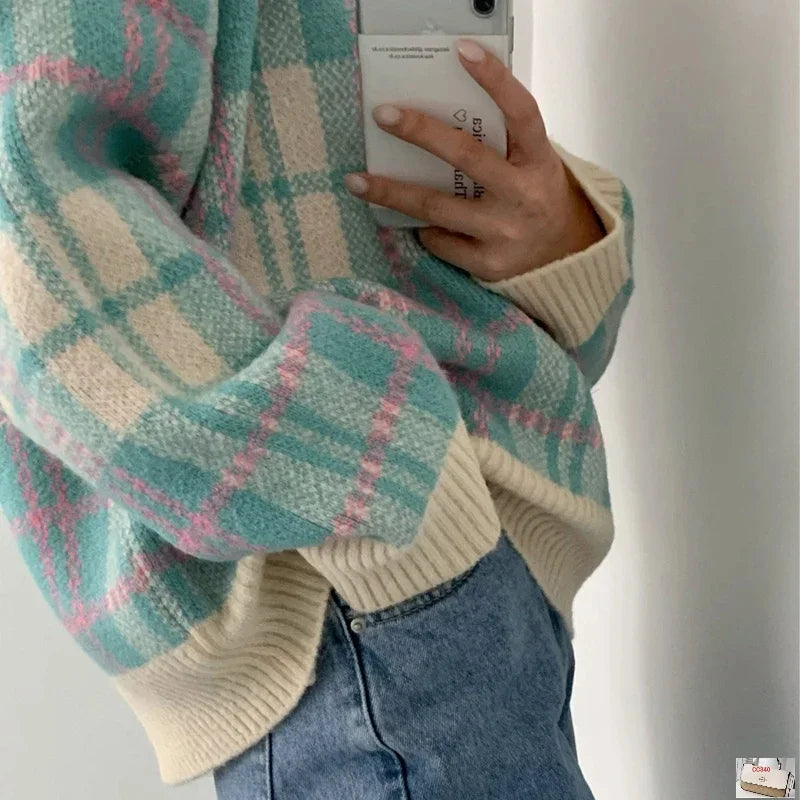 Plaid Striped V-Neck Pullover Stacked Knitted Sweater