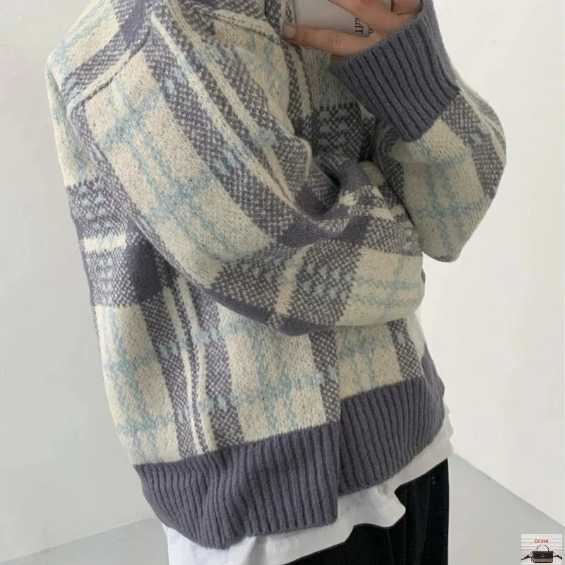 Plaid Striped V-Neck Pullover Stacked Knitted Sweater