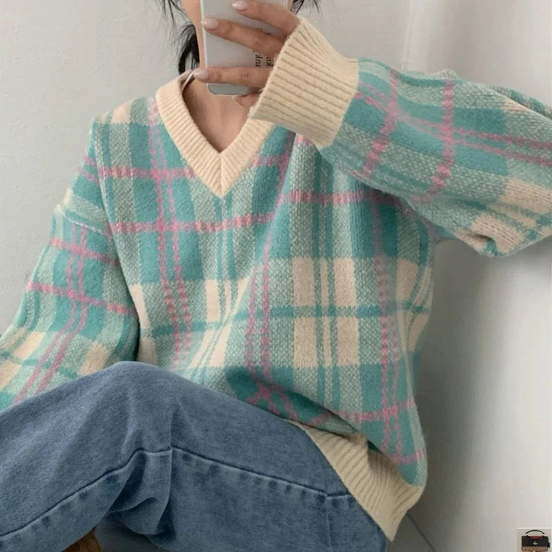Plaid Striped V-Neck Pullover Stacked Knitted Sweater
