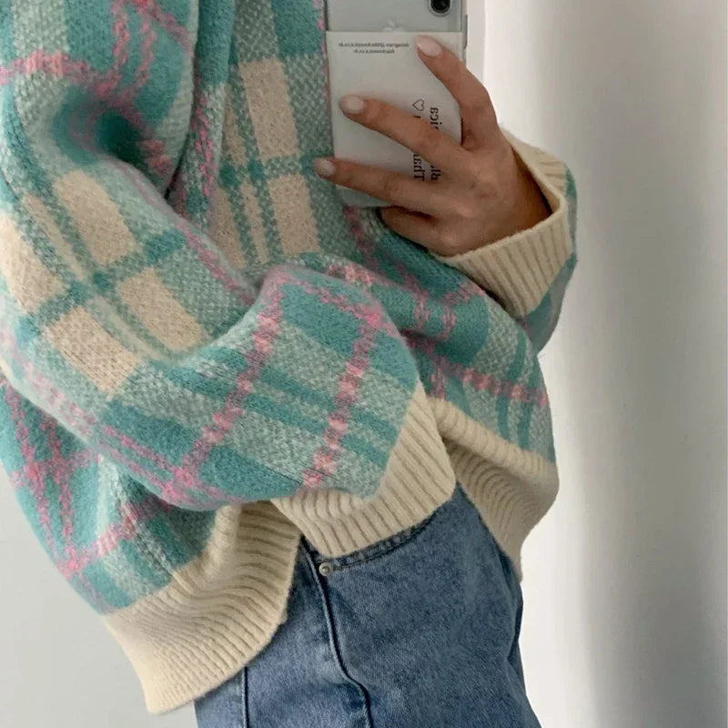 Plaid Striped V-Neck Pullover Stacked Knitted Sweater