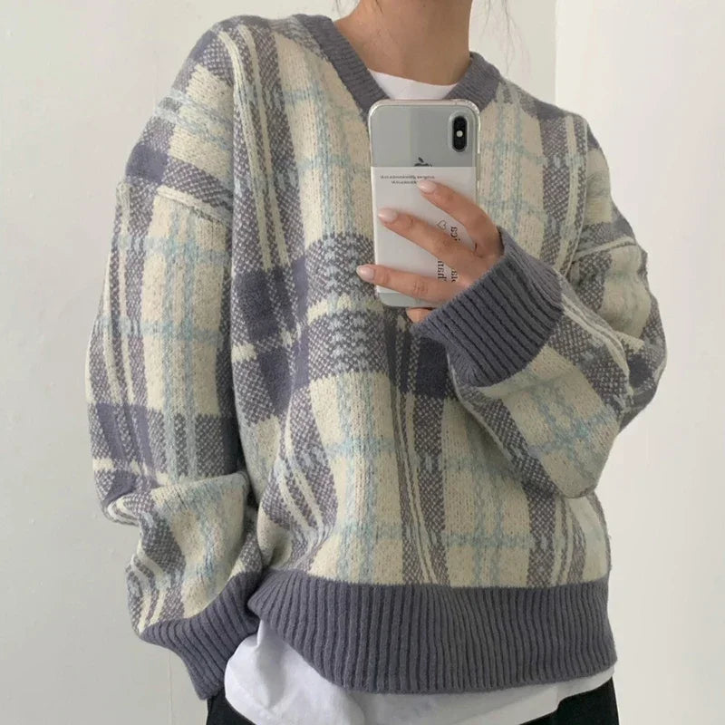 Plaid Striped V-Neck Pullover Stacked Knitted Sweater