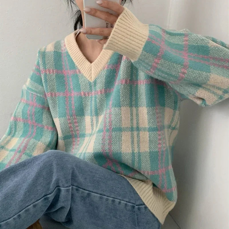 Plaid Striped V-Neck Pullover Stacked Knitted Sweater