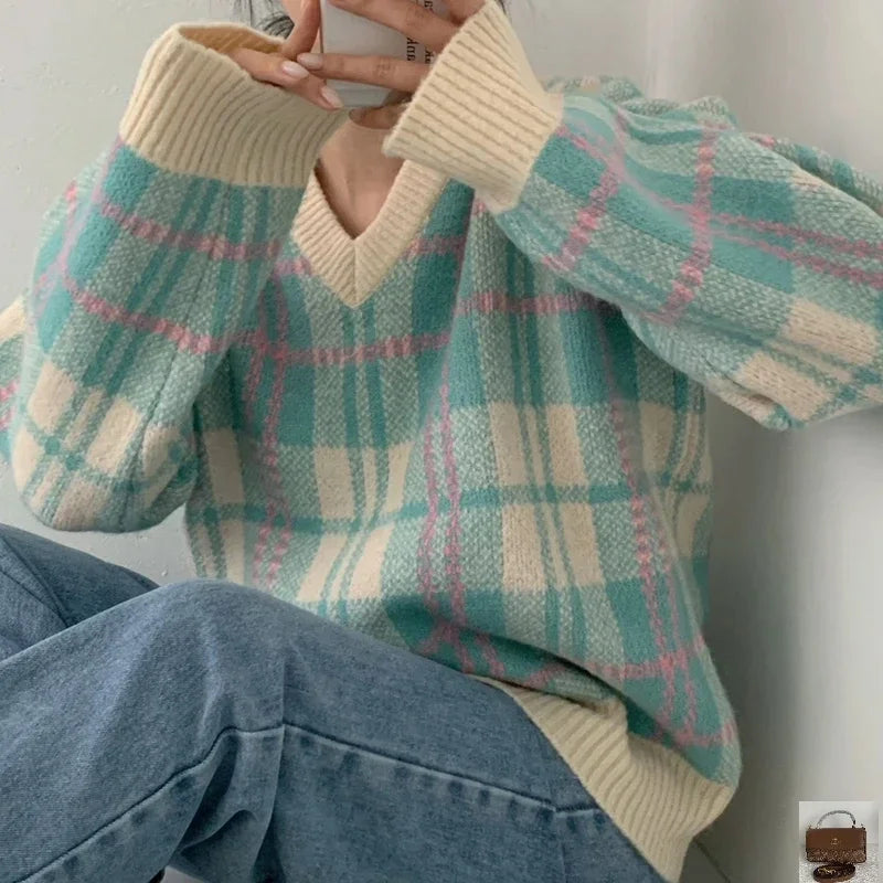 Plaid Striped V-Neck Pullover Stacked Knitted Sweater