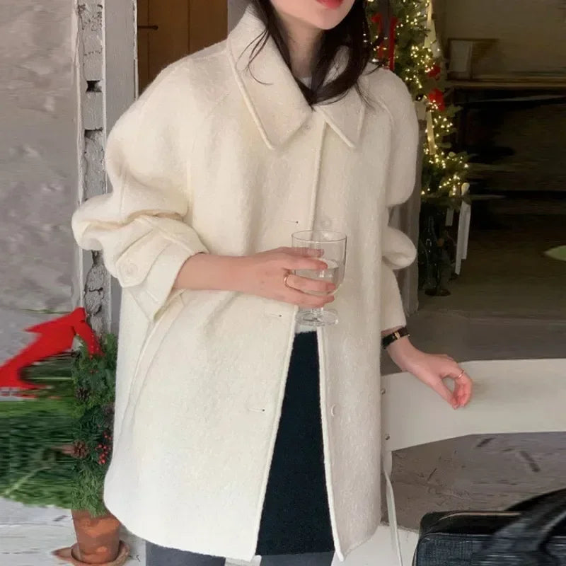 Single Breasted Blends Long Sleeve Woolen Coat 52B370