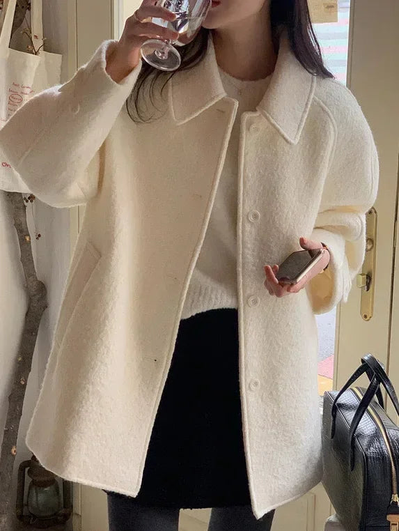 Single Breasted Blends Long Sleeve Woolen Coat 52B370