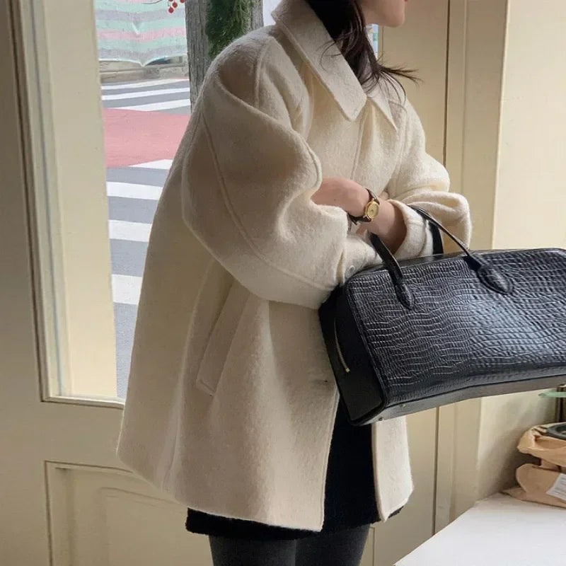 Single Breasted Blends Long Sleeve Woolen Coat 52B370