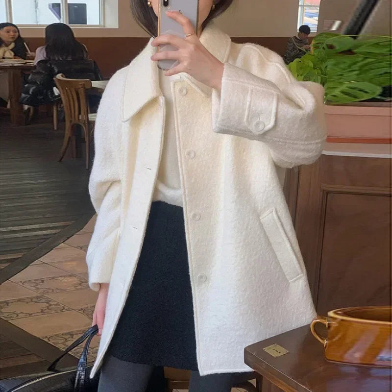 Single Breasted Blends Long Sleeve Woolen Coat 52B370