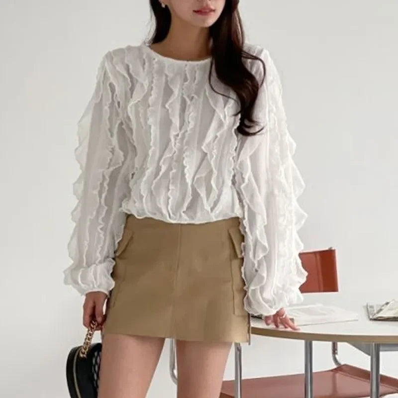 Ruffled Fringe Blouses Femme Color Shirt