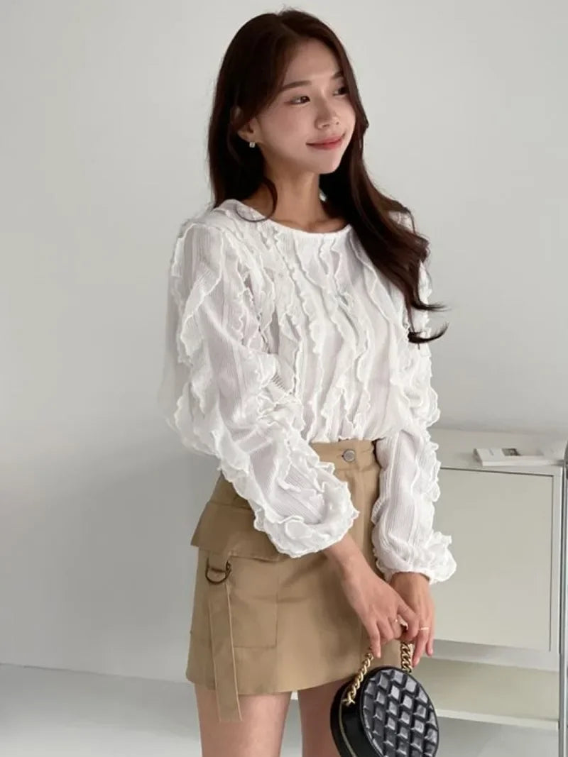 Ruffled Fringe Blouses Femme Color Shirt