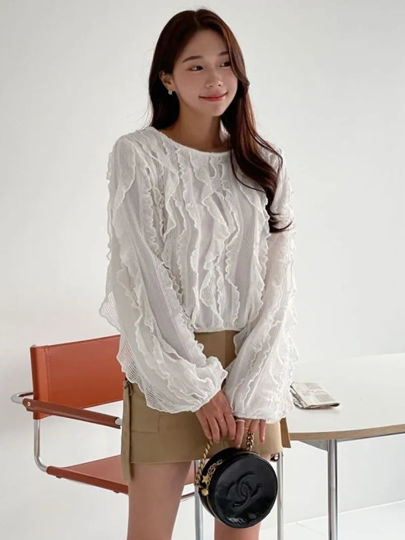 Ruffled Fringe Blouses Femme Color Shirt
