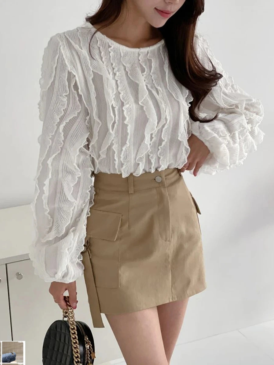 Ruffled Fringe Blouses Femme Color Shirt