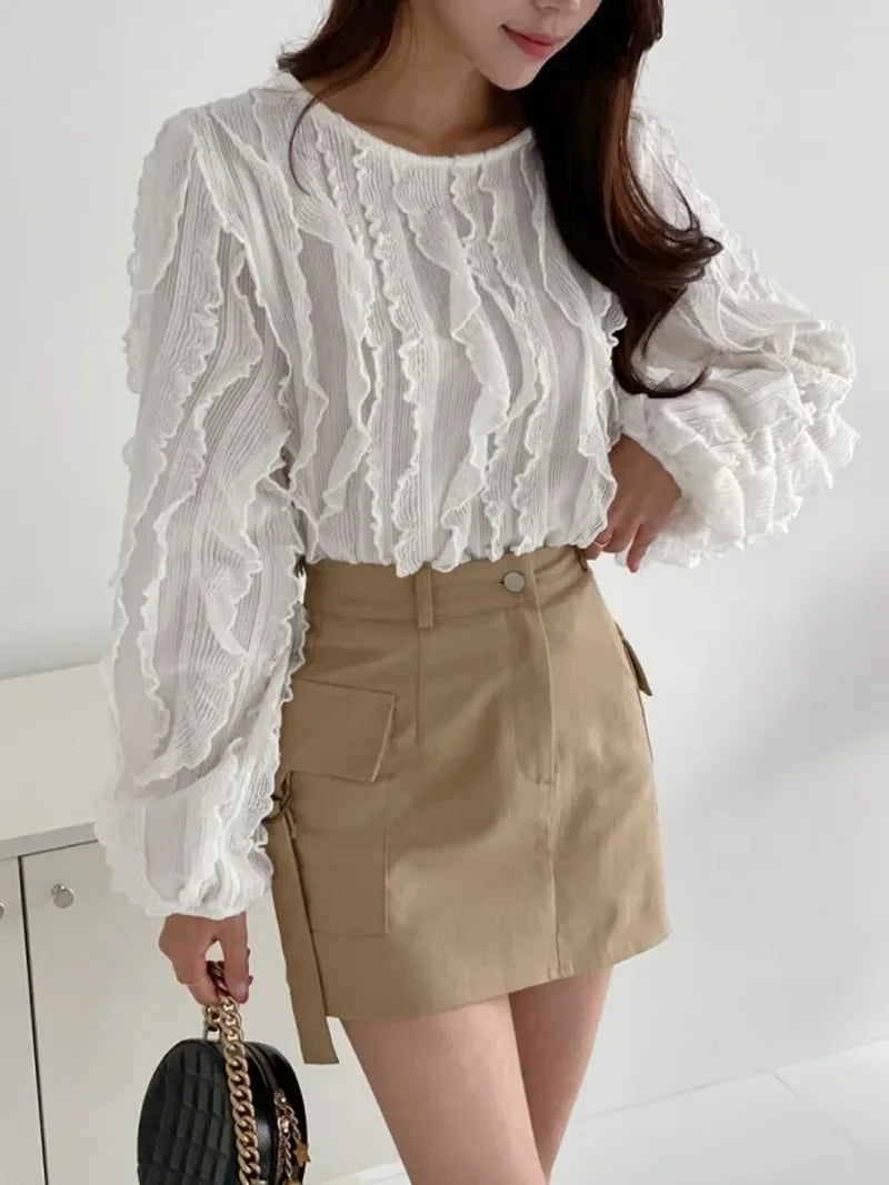 Ruffled Fringe Blouses Femme Color Shirt
