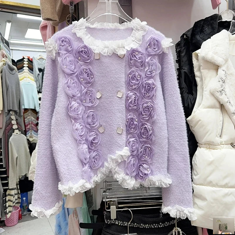 Heavy Industry Nail Bead Flower Mink Fur Coat SA114