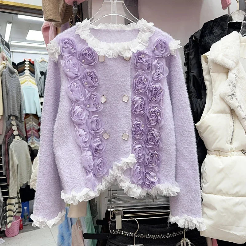 Heavy Industry Nail Bead Flower Mink Fur Coat SA114