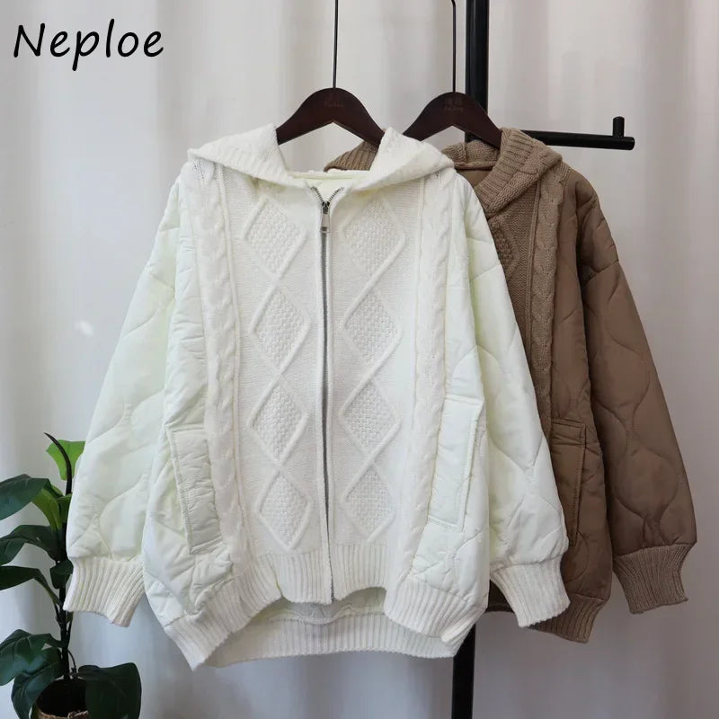 Hooded Patchwork Cotton Zipper Knitted Cardigan