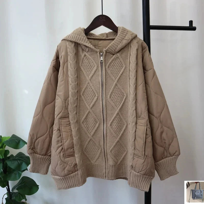 Hooded Patchwork Cotton Zipper Knitted Cardigan