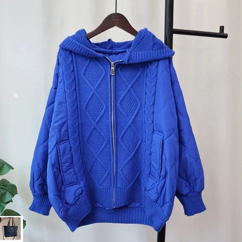 Hooded Patchwork Cotton Zipper Knitted Cardigan