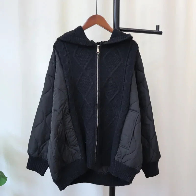 Hooded Patchwork Cotton Zipper Knitted Cardigan