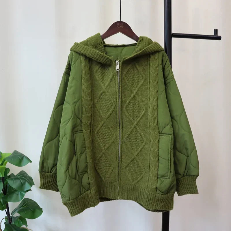 Hooded Patchwork Cotton Zipper Knitted Cardigan