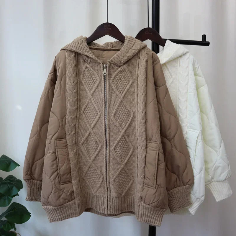 Hooded Patchwork Cotton Zipper Knitted Cardigan