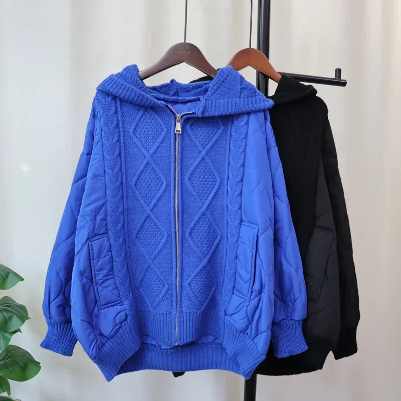 Hooded Patchwork Cotton Zipper Knitted Cardigan