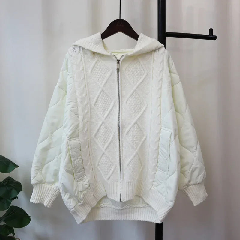 Hooded Patchwork Cotton Zipper Knitted Cardigan