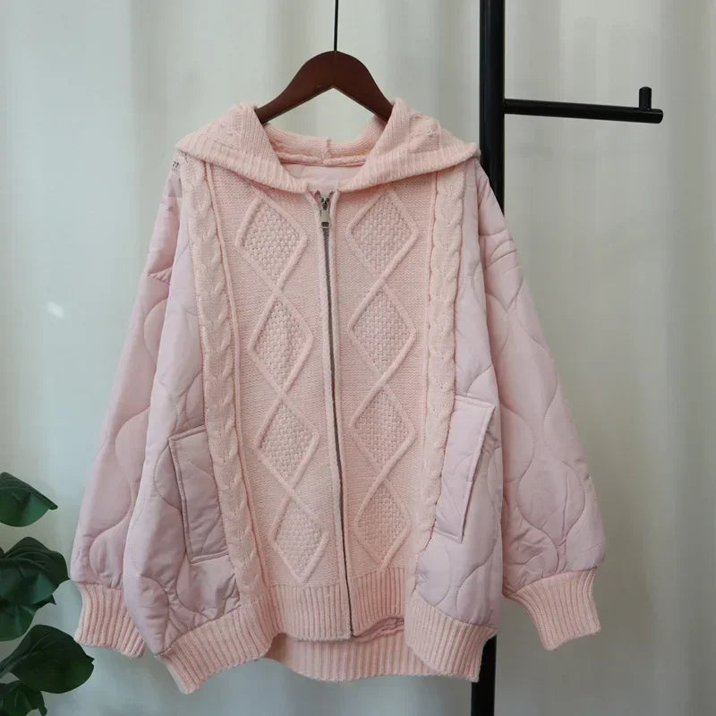 Hooded Patchwork Cotton Zipper Knitted Cardigan