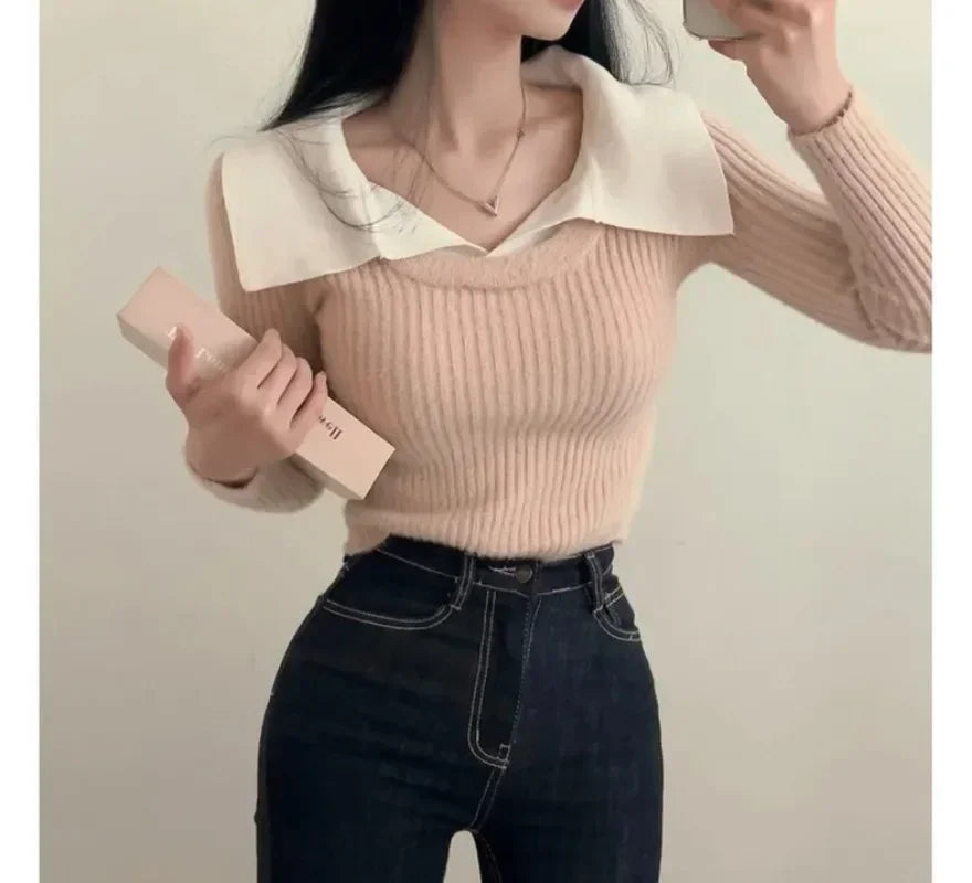 Long Sleeve Knitted Sweater Patchwork Pullovers SA086